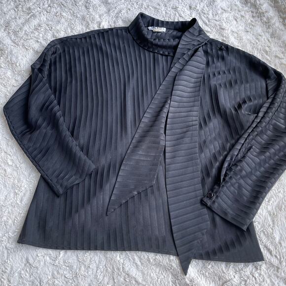 Vintage‎ 90s tie neck bow blouse black striped satin jacquard long sleeve M - Picture 9 of 16